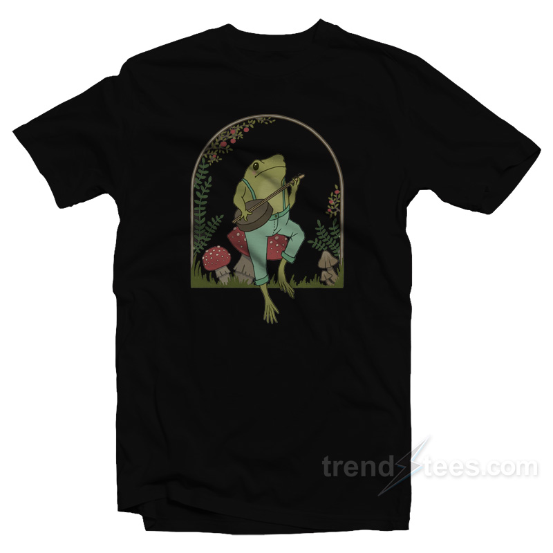 Cottagecore Aesthetic Frog Playing Banjo on Mushroom T-Shirt