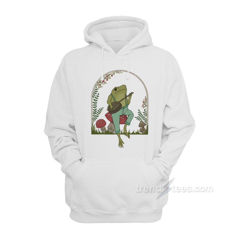Cottagecore Frog Playing Banjo on Mushroom Hoodie