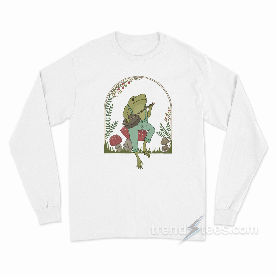 Cottagecore Aesthetic Frog Playing Banjo on Mushroom Long Sleeve Shirt