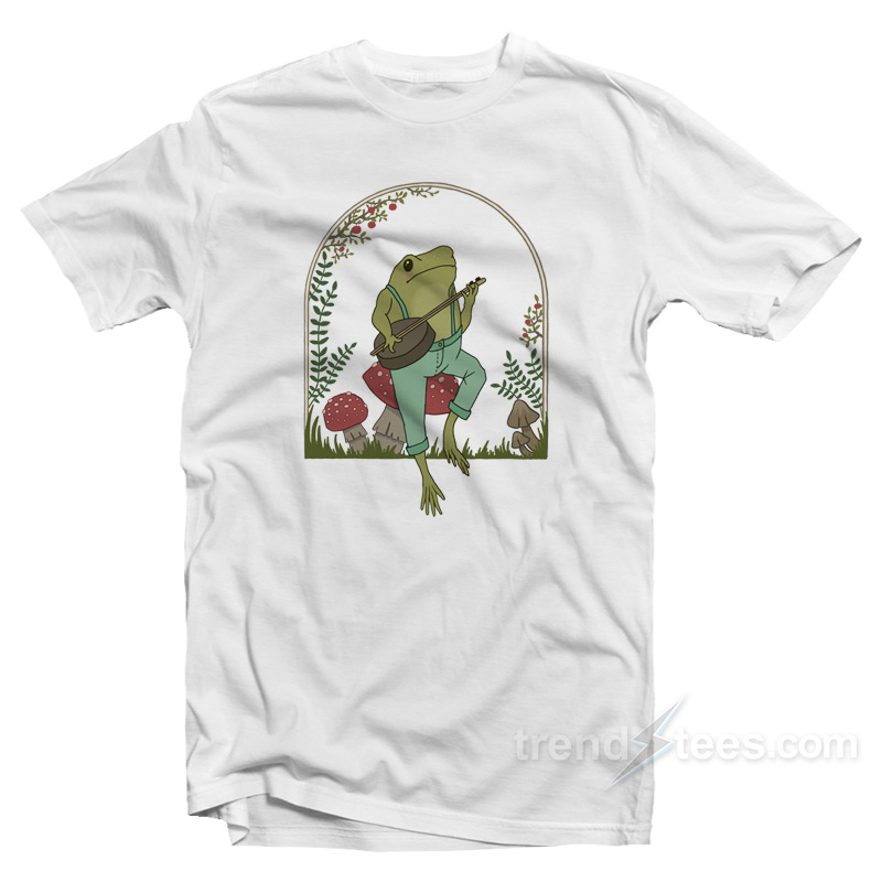 Cottagecore Aesthetic Frog Playing Banjo on Mushroom T-Shirt